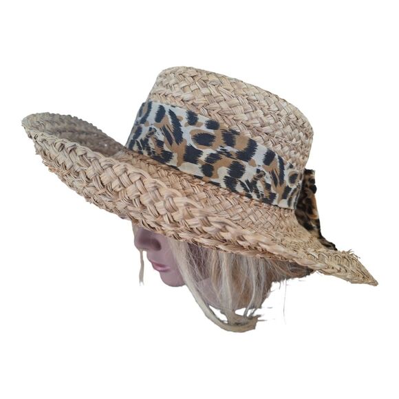 Straw Sun Hat Wide Brim Leopard Print Band with Bow Vintage Not Worn - Picture 5 of 6
